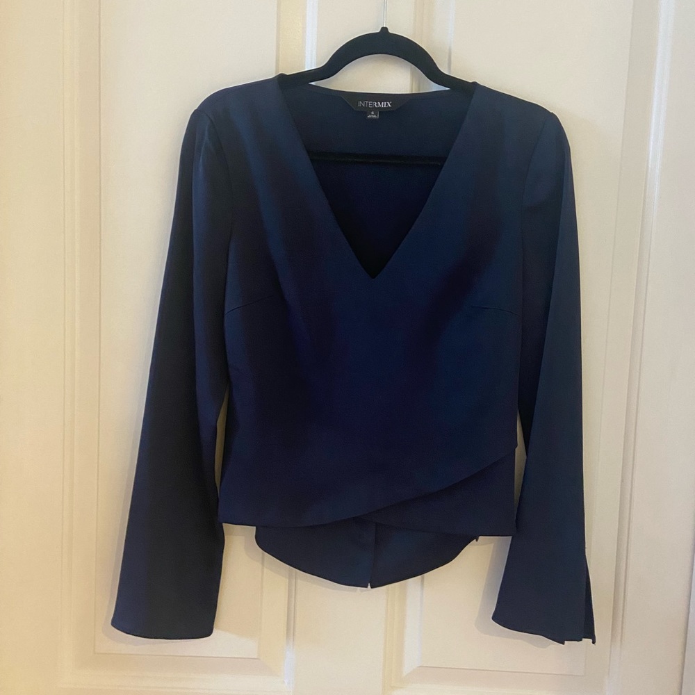 INTERMIX Navy V-Neck Draped Long Sleeve Blouse